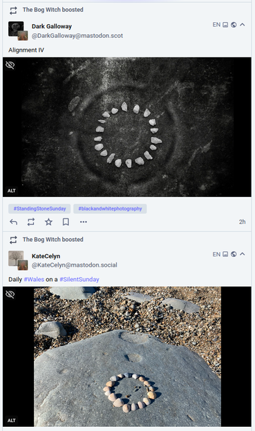 A screenshot of my Mastodon timeline, featuring two consecutive posts containing images.

The posts are completely unrelated to each other but both feature an image of a circle comprised of multiple stones. One is an overhead shot of an ancient stone circle while the other has pebbles arranged on a rock.