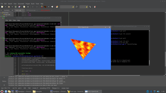 Screenshot of a textured triangle in an SDL+GL window, running on a Raspberry Pi desktop
