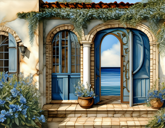 A Mediterranean entrance with a blue door and sea view, framed by floral decor, with arched windows, stone walls and tiled patio. AI impressionism style.