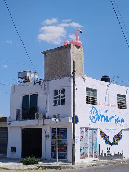 A white building with a small hollow block building in the corner of the flat roof, and on top of that construction. is an inflatable pink flamingo that you use in the pool.  The flamingo is sharp contrast with the blue sky, 1 fluffy cloud, just behind it. 
The white building is on a corner and on one side it had colored angel wings on the wall where people can stand in front of while their picture is being taken. Above the wings is the word in blue: America and Travel