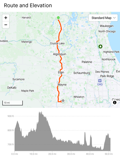 Screenshot from the Strava website showing mapped route (in orange) and elevation changes (in grey, below)