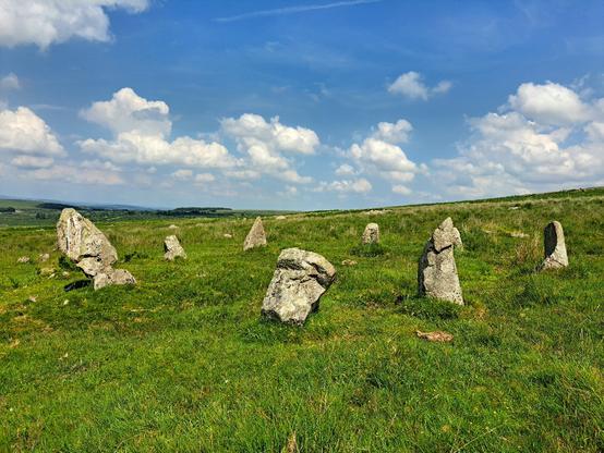 8 standing stones of tapering granite, standing in a ring on a grassy moorland hillside. The tallest stone is on the left and leans outwards. This is Trowlesworthy Warren stone circle. The sky is blue with some fluffy white clouds. It's extremely warm.