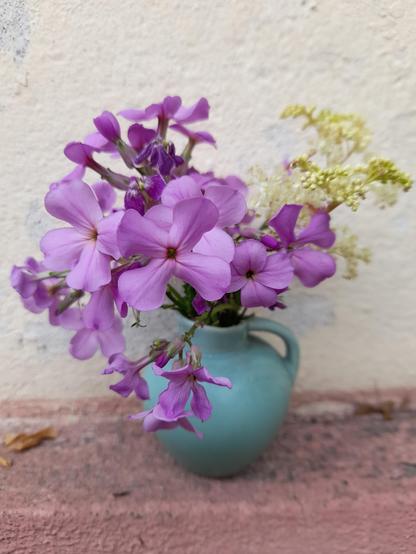 A very tiny bouquet in a celadon-green vase: Hesperis matronalis flowers and one flower of Filipendula ulmaria.