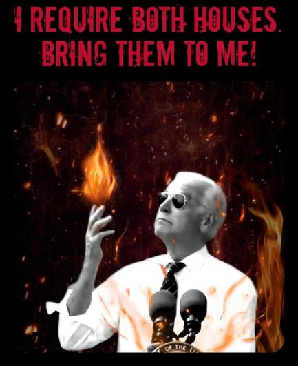 Biden with a flame at his fingertips ender the words - I require both houses. Bring them to me!