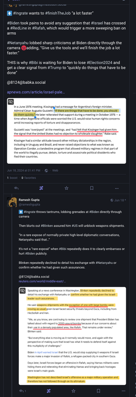 Screenshot of posts that describes Netanyahu's dog-whistle to "finish the job" faster, meaning, clearing Gaza of Palestinians for resettlement by Israel.

Link to original post is https://mastodon.social/@rameshgupta/112639423950351640