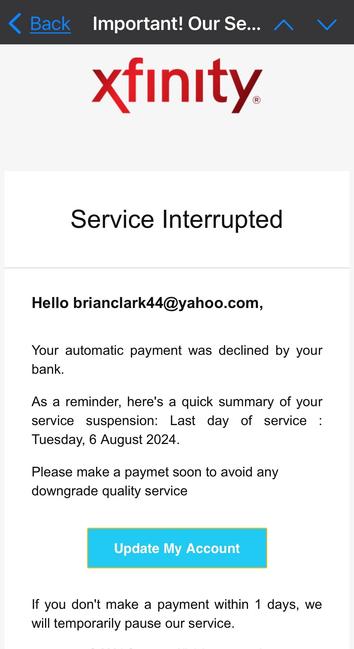 Phishing email message with Xfinity branding