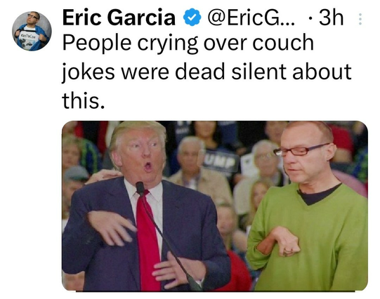 A picture of Trump waving his arm as if it were shortened as it is on the handicap person to the right of him. He mocked a person with a defective limb, because that's who he is. A bully and an evil person. And everyone who supports him is too.