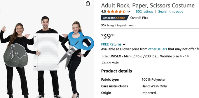 another costume, this one labeled 'Adult Rock, Paper, Scissors' costume, with a man dressed as a sheet of lined notebook paper, a woman as a rock, and a third woman as a large pair of scissors. The 3 costumes together total 39.99 USD