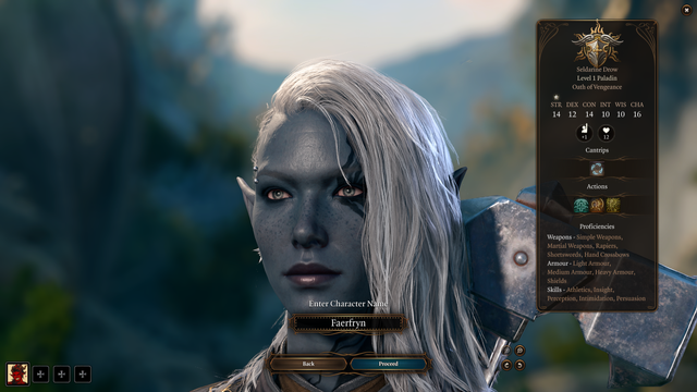 A female Drow (Dark elven woman) staring past the camera to the left.