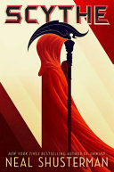 Book cover, woman in hooded robe, posed in profile, with an elaborate scythe