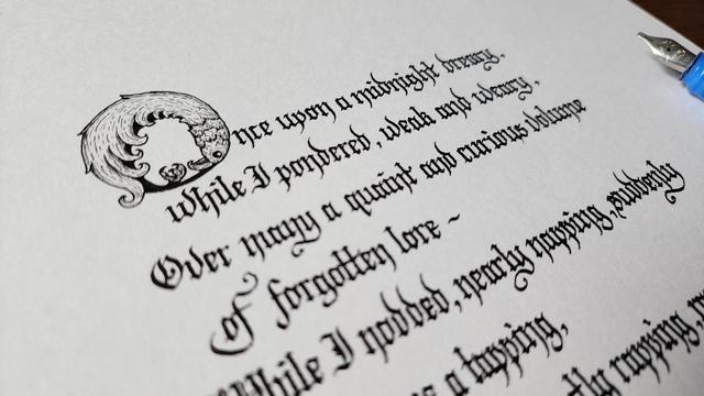 Angled view showing the detail in the raven-O and the script