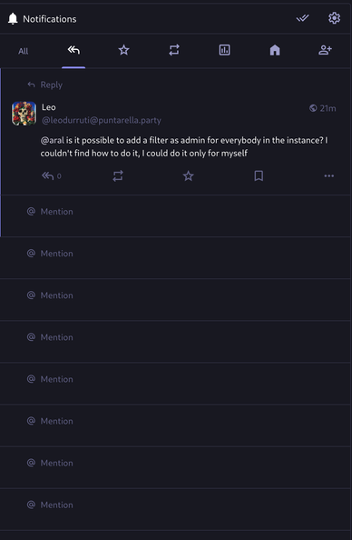Notifications view on the Mastodon web interface showing 8 lines of “hidden” notifications that just say ”@ Mention”