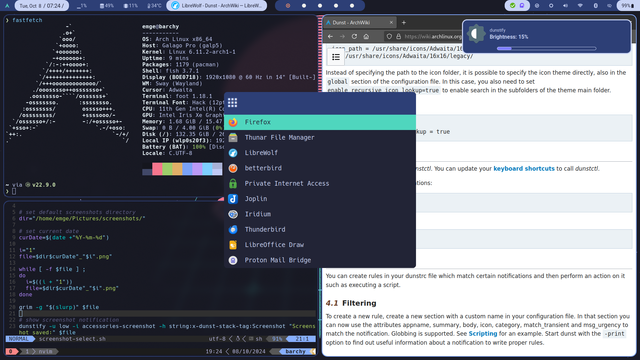 Screenshot of my desktop.

Window Manager: SwayFX
Toolbar: Waybar
Launcher: Rofi
Notifications: Dunst

Also shown:
Foot Terminal showing system stats using FastFetch
Foot Terminal showing Tmux and Neovim
And Librewolf web browser.