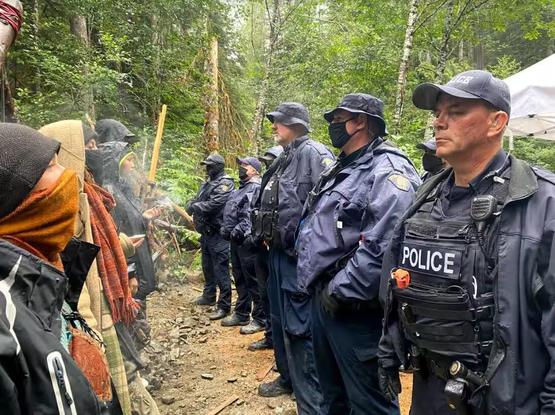 A line of us old growth forests activists, silently facing off against a line of armed RCMP CIRG thugs, in the rain, on remote logging road. We are burning sage smudge in abalone shell.