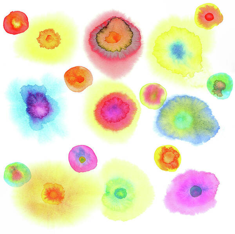 Colorful dots is a watercolor painting in contemporary square format painted by artist Karen Kaspar. Many colorful dots in vibrant shades of all colors of the rainbow like yellow, orange, red, pink, purple blue and green are floating on a white background.