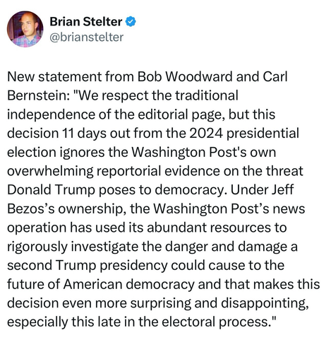 We respect the traditional independence of the editorial page, but this decision 11 days out from the 2024 presidential election ignores the Washington Post’s own overwhelming reportorial evidence on the threat Donald Trump poses to democracy. Under Jeff Bezos’s ownership, the Washington Post’s news operation has used its abundant resources to rigorously investigate the danger and damage a second Trump presidency could cause to the future of American democracy and that makes this decision even more surprising and disappointing, especially this late in the electoral process.