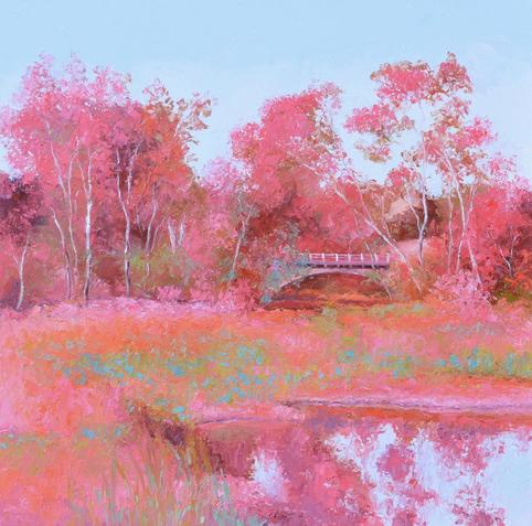 A square impressionist oil painting of gum trees painted in shades of pink. The sky is a soft blue. There is a bridge and the pink trees are reflected in the river.