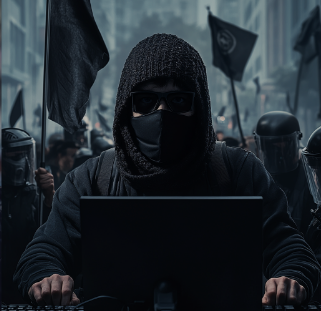hacker black bloc person facing screen