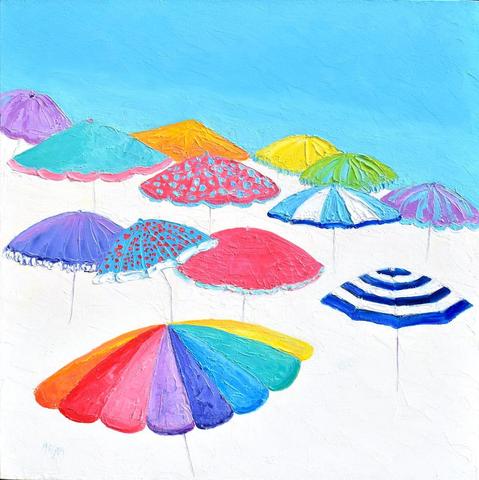 A thickly textured square beach painting with brightly coloured beach umbrellas and a turquoise ocean.