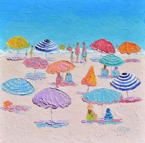 A square beach painting with colorful textured beach umbrellas which face a turquoise blue ocean. There are people swimming and others sitting in beach chairs, relaxing.