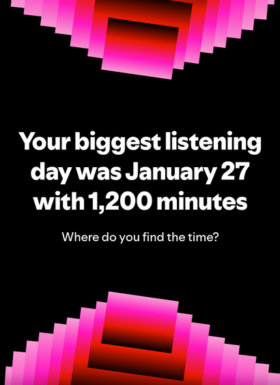 The image has a black background with vibrant, gradient pink and red geometric shapes resembling stacked rectangles at the top and bottom. In the center, bold white text reads, 'Your biggest listening day was January 27 with 1,200 minutes.' Below this, smaller white text asks, 'Where do you find the time?'