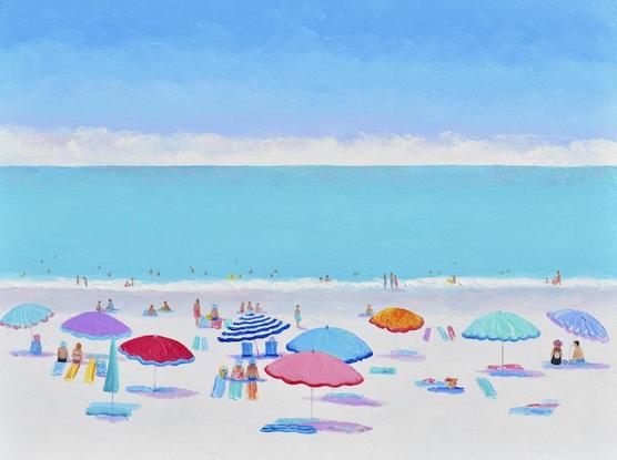 This beach painting radiates the essence of a tranquil beach day, with its calm, vibrant turquoise blue ocean. The shallow surf invites swimmers cooling off on a hot summer’s day. Brightly colored beach umbrellas dot the white sands, offering shade to those relaxing on their beach towels, while others stroll along the shoreline, soaking in the soothing ambiance.
