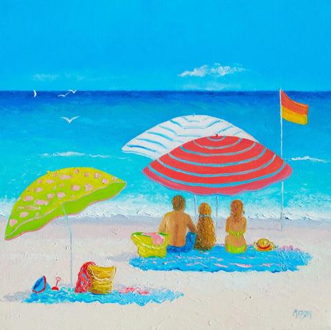 A square impressionist beach painting full of color and the joy of beach life! There are three beach umbrellas, a beach flag, and a couple with their pet golden retriever gazing at the ocean. There is a sail boat on the horizen and a seagull flying by.