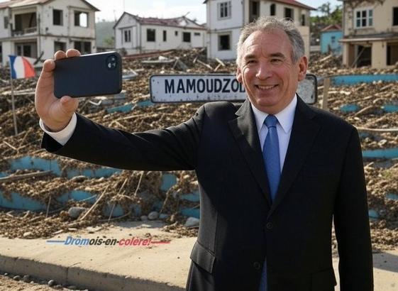 François #Bayrou tout sourire pour un selfie avec en arrière plan un panneau qui indique #Mamoudzou sur un champs de ruines.
