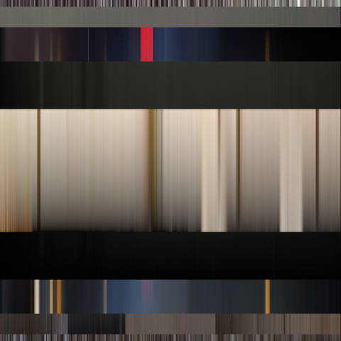 Algorithmic design. 5 centered rectangles of diminishing height. Each one filled with vertical lines covering the available space. Each line is a vertical gradient, with its two end colors sampled from images I shot last year.
One of the bands is almost black, the center one is beige. One of the bands has narrow accent colors like red and yellow, otherwise quite desaturated.