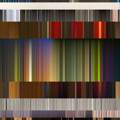 Algorithmic design. 5 centered rectangles of diminishing height. Each one filled with vertical lines covering the available space. Each line is a vertical gradient, with its two end colors sampled from images I shot last year.

This one has wilder and more saturated colors, ranging from greens to yellow/red.