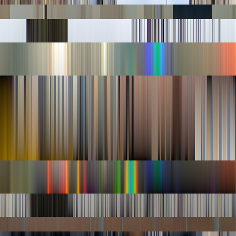 Algorithmic design. 5 centered rectangles of diminishing height. Each one filled with vertical lines covering the available space. Each line is a vertical gradient, with its two end colors sampled from images I shot last year.

This one has rainbow colors in one of the bands, otherwise rather desaturated.