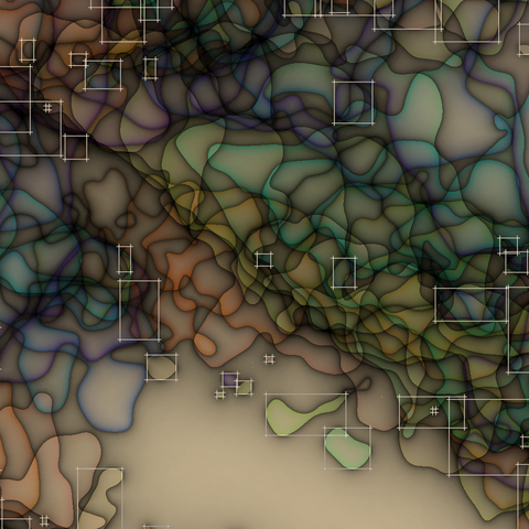 Code generated design with 20 layers of wobbly shapes, each of a unique hue using a spectral_zucconi6 color palette. Beige background, subtractive color model. Some of the smaller wobbly shapes are highlighted with a bright rectangle.