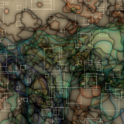 Code generated design with 20 layers of wobbly shapes, each of a unique hue using a spectral_zucconi6 color palette. Beige background, subtractive color model. Some of the smaller wobbly shapes are highlighted with a bright rectangle (in this version, with an unwanted offset). The shapes are colored using a distance field to make them darker on the edges.