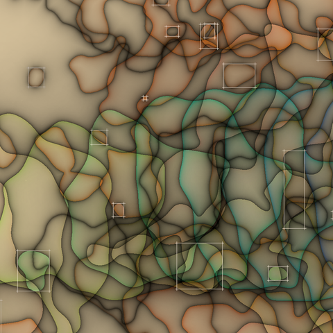 Code generated design with 20 layers of wobbly shapes, each of a unique hue using a spectral_zucconi6 color palette. Beige background, subtractive color model. Some of the smaller wobbly shapes are highlighted with a bright rectangle. The shapes are colored using a distance field to make them darker on the edges. Larger shapes on this image, less overlap, making it less dark.