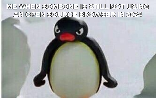 Angry pingu meme with the following text above his head: me when someone is still not using an open source browser in 2024