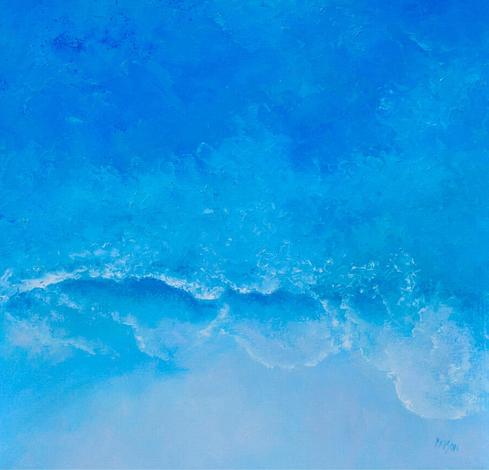 An abstract oil painting of a calm ocean and surf, painted with a palette knife in shades of turquoise and blue.