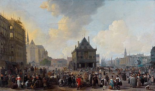 Painting from the 17c. showing a town square where a new town hall is under construction

Johannes Lingelbach: Dam Square with the new Town Hall under Construction, 1647, Amsterdam Museum.
https://commons.wikimedia.org/wiki/File:SA_3044-De_Dam,_gezien_naar_het_Noorden,_met_het_Stadhuis_in_aanbouw-De_Dam,_met_vismarkt.jpg