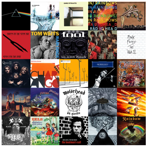 The Dark Side of the Moon - Pink Floyd
OK Computer - Radiohead
Dire Straits - Dire Straits
In Rainbows - Radiohead
Funeral - Arcade Fire
Songs For The Deaf - Queens of the Stone Age
Rain Dogs - Tom Waits
10,000 Days - TOOL
The Piper at the Gates of Dawn - Pink Floyd
The Wall - Pink Floyd
Queen II - Queen
Charango - Morcheeba
Origin of Symmetry - Muse
Ringleader of the Tormentors - Morrissey
Worlds Apart - ...And You Will Know Us by the Trail of Dead
Animals - Pink Floyd
Painkiller - Judas Priest
On Parole - Motörhead
Hushed and Grim - Mastodon
FIREPOWER - Judas Priest
Black Future - Vektor
Daisies Of The Galaxy - Eels
The Boatman's Call - Nick Cave & The Bad Seeds
Magma - Gojira
more_horiz
Rising - Rainbow