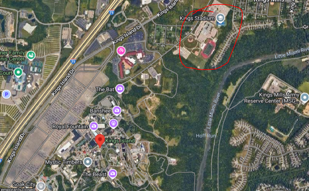 Map of Kings Island and area. School campus, near the north Kings Island parking lot, circled in red