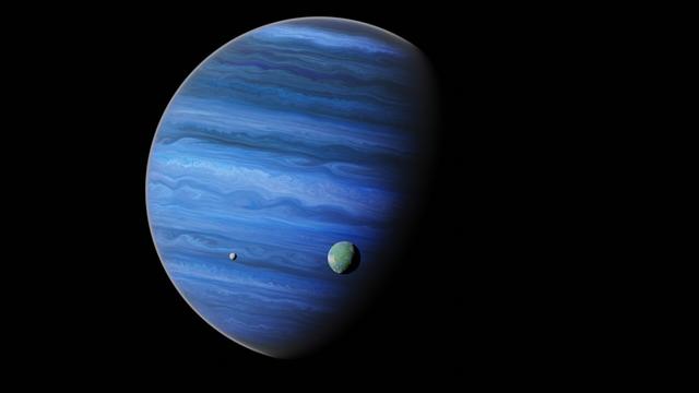 Small green and grey moons orbiting a large blue gas giant.