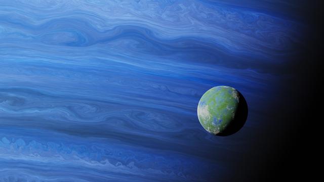 Closeup of small green and grey moons in front of a large blue gas giant.