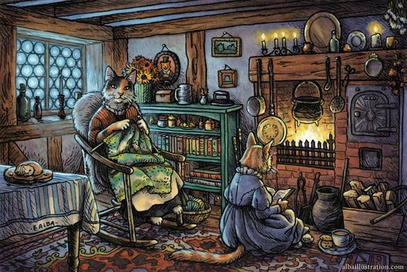 A cozy ink and watercolor scene set in an old cottage. A cat sits in a rocking chair knitting a blanket, and another cat sits on the floor reading in front of the fire.