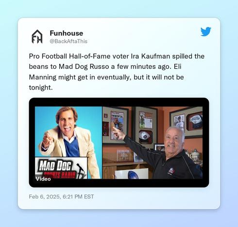 Pro Football Hall-of-Fame voter Ira Kaufman spilled the beans to Mad Dog Russo a few minutes ago. Eli Manning might get in eventually, but it will not be tonight. https://t.co/mCZdJ4eM7z