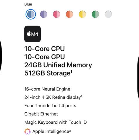 An image detailing the specifications of an Apple M4 device, highlighting features such as a 10-core CPU, 10-core GPU, 24GB of unified memory, 512GB storage, 16-core Neural Engine, a 24-inch 4.5K Retina display, gigabit ethernet and Magic keyboard