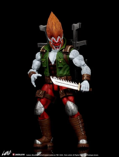 an action figure of bloodwulf, he is wearing a vest, he has bandoliers and weapons strapped to him, his race white with red paint in a sharp design on it with tall orange hair, holding a knife and hissing