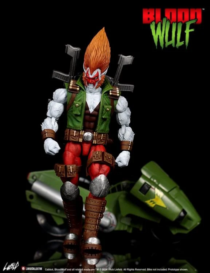 an image of bloodwulf walking towards the    viewer, looking to the left, a green fituristic military style motorcycle behind him