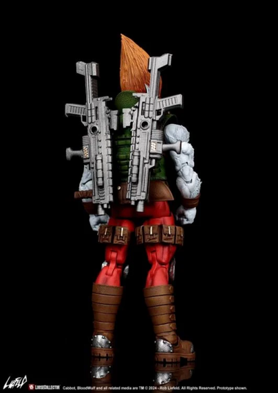 the figure seen from behind in a three quarter view with two silver blaster rifles strapped to his back