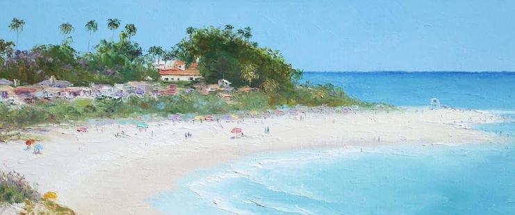 An impressionist seascape panorama of San Clemente Beach. It features the headland with coconut palm trees, houses, sweeping white sands, beach umbrellas and people.