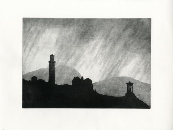 This is a black and white etching showing the silhouetted outline of Carlton Hill in from of the more distant Arthur's seat. Streaks of rain falling between the hills