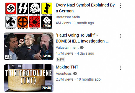 Youtube recommendations from a clean session (no Youtube or Google cookies etc.) I get videos for "Every Nazi Symbol Explained By A German," "Fauci Going To Jail? BOMBSHELL Investigation," and "Making TNT" which appears to show how to make explosives (I'm not clicking the video because I don't want to be on yet another list)
